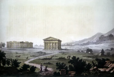 Paestumin temppeleitä kuvaava maalaus, nykyinen Capaccio.