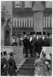 Pariisi 1890: Ranskan suuren rabbin Zadoc Kahnin (Zadoc-Kahn) (1839-1905) asennus. Monsieur Alphonse de Rothschild (1827 -1905) lukee nimitysmääräyksen.