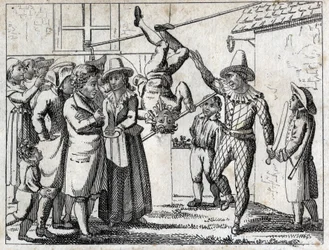Juhlat kylässä: pelejä ja naamiointia. Kaiverrus 1700-luvun lopulla. Yksityinen kokoelma.