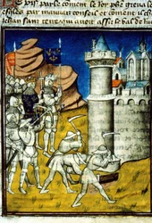 Philip II Auguste (1165-1223) Chinon - Miniatyyri "" Grandes Chronicles de Saint-Denis -kirjassa", 1300-luvun lopulla. (viite 512, 237r) Valtuutushakemus Bibliotheque Municipale de Toulouselle (puh: 05 62 27 66 66)