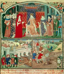 Philippe Bel truunant (1268-1314) kyntö- ja kauppiaskohtauksella. Miniatyyri Gilles de Romen (v.1247-1316) "Livre du régime des Princes" -kirjassa, Paris, B N