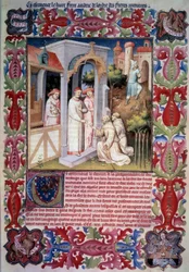 Paavi Johannes XXII uskoo Pordenonen Odoricin (fransiskaanisen) tehtävän evankelioida Overseas Sea. Miehet johtavat peltopyyjä Trabzoniin. Jean Without Fearsin aseet ja tunnus. Jean de Berryn aseet. Miniatyyri "" Itinerariumissa. Ihmeiden kirja",