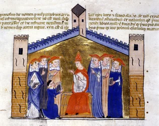 Avignonin paavi Johannes XXII vastaanottaa tekijältä Klemens V:n apparaatin (Skisma). 1400-luvun käsikirjoitus. Biblioteca Nazionale Braidense, Milano.