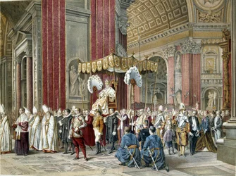 Paavi Pius IX (1792-1846) osallistui Vatikaanin ensimmäisen kirkolliskokouksen avajaisiin 8.12.1869 Pietarinkirkossa. Se on Sedia Gestatoriassa. Kuva ajanjaksosta.