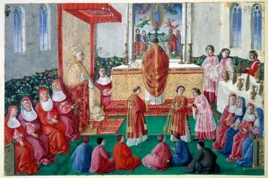 Paavi Sixtus IV (1414-1484) osallistuu messuun Sikstuksen kappelissa Vatikaanin miniatyyri decoupeessa 1400-luvulla. Aurinko 0,1x0,16 m Chantilly, musee Conde