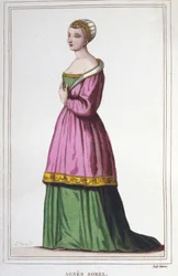 Agnes Sorelin (1422-1450) muotokuva (Beaute sur Marnen rouva) (Beaute-sur-Marne). Kuningas Kaarle VII:n suosikki. kaiverrus vuodelta 1830