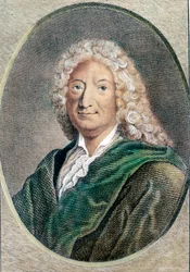 Muotokuva Alain Rene Lesagesta (Alain-Rene Le Sage) (1668-1747), ranskalaisesta kirjailijasta. Kaiverrus 1700-luvulta. Yksityinen kokoelma