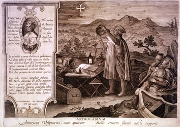 Amerigo Vespuccin (1454 - 1512), italialaisen navigaattorin muotokuva, joka on edustettuna astrolabia käyttäessä. Vasemmalla olevassa laatikossa on Dante Alighierin muotokuva sekä kohta Jumalallisen komedian Kiirastulon ensimmäisestä laulusta. Kaiverrus 18