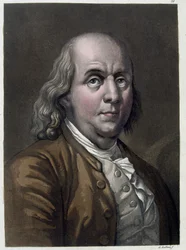 Benjamin Franklinin, yhdysvaltalaisen poliitikon ja fyysikon (1706-1790) muotokuva Jules Ferrarion "" Vanha ja moderni puku" -sarjassa 1819-1820