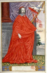 Kardinaali Julius Mazarinin (1602-1661) muotokuva. Jean Puget de La Serre, Panegyric of the Illustrious Men of Our Time, perunapaperille maalattu muotokuva. 1655