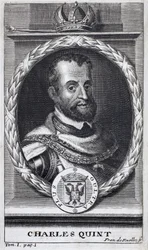 Kaarle V:n (1500-1558), Espanjan ja Espanjan Amerikan kuninkaan, Sisilian kuninkaan ja Pyhän Rooman valtakunnan germaanisen keisarin (1519-1556) muotokuva. Kaiverrus "Flanderin sodan historiaa", kirjoittanut Flamianus Strada, painos Joseph T
