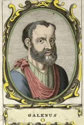 Muotokuva Claude Galienista (Claudio Galeno tai Claudius Galenus tai Galen, v. 131 - v. 201), kreikkalainen lääkäri. 1700-luvun kaiverrus.