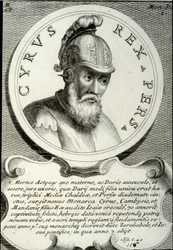 Persian valtakunnan perustajan Kyyros II:n (noin 559-529 eaa.), lisänimeltään Kyyros Suuri, muotokuva. Kaiverrus 1700-luvulta, yksityiskokoelma