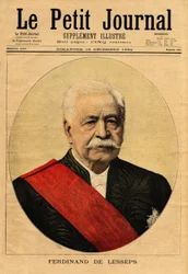 Muotokuva Ferdinand de Lessepsistä (1805-1894), jota kutsutaan "suureksi ranskaksi", diplomaatiksi ja yrittäjäksi, hän on Suezin kanavan pääpromoottori, joka yhdistää Välimeren Port-Saidin Punaisenmeren Suesiin (Egypti) ja Panaman kanava, joka yhdistää