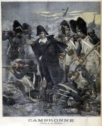 Kenraali Cambronnen (1770 - 1842) muotokuva taistelun aikana. Kuvitus "" Petity Journalista"" vuodelta 1891.