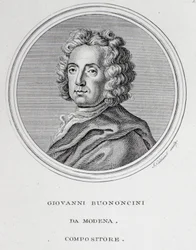 Italialaisen barokkisäveltäjän ja sellisti Giovanni Battista Bononcinin (1670-1747) muotokuva Kaiverrus. 1700-luvulla. Bologna, kansalaisbibliografinen museo