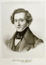 Jakob Ludwig Felix Mendelssohn Bartholdyn (1809-1847), saksalaisen kapellimestari ja säveltäjän muotokuva. 1800-luvun litografia Civico Museo Bibliografico Musicale, Bologna ©Luisa Ricciarini/Leemage