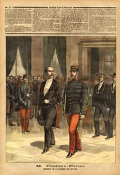 Muotokuva Jean Casimir-Perrieristä (Casimir Perrier, Casimir Perrier, Casimir-Perrier) (1847-1907), edustajainhuoneen uusi puheenjohtaja. Kaiverrus "" Le petit Journal" -lehdessä 28.1.1893. Selvan kokoelma.