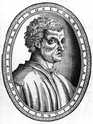 Léon Battista Albertin (1404 - 1472), italialaisen humanistin ja arkkitehdin muotokuva, sd-kaiverrus.