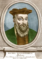Michel nostradamusin muotokuva, lääkäri, Saint Remy de Provence (Saint-Remy-de-Provence) 14.12.1503 ja kuoli 7.2.1566. Kaiverrus 1800-luvulta.