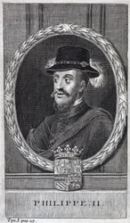 Muotokuva Philip II:sta Espanjan (Felipe) (1527-1598), Espanjan ja Portugalin kuninkaasta. Kaiverrus "Flanderin sodan historiaa", kirjoittanut Flamianus Strada, painos Joseph T