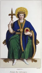 Muotokuva Pépin le Briefistä (v. 714 - 768), frangien kuningas, ensimmäinen Karolingien kaiverrus vuodelta 1830