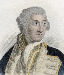 Muotokuva Sir Charles Saundersista (n. 1715-1775), Englannin kuninkaallisen laivaston amiraali ja ensimmäinen Admiraut-lordi. Kaiverrus 1800-luvulta.