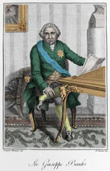 Sir Joseph Banksin (1743-1820), englantilaisen tutkimusmatkailijan ja luonnontieteilijän muotokuva. Värikaiverrus
