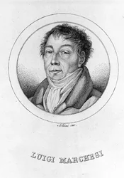 Italian kastraatti Luigi Marchesin (1754 - 1829) muotokuva, joka tunnetaan myös nimellä Marchesini. Kaiverrus 1800-luvulta.