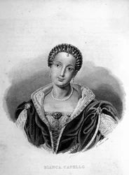 Muotokuva venetsialaisesta Bianca Cappellosta (1548 - 1587), François de Medicin vaimosta. Kaiverrus 1800-luvulta.