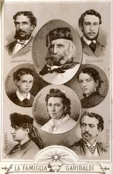 Risorgimenton patriootin ja sankarin Giuseppe Garibaldin (1807-1882) sekä hänen perheenjäsentensä muotokuva: Menotti, Ricciotti ja Teresita, Anitan lapset; Stefano Canzio, Teresitan aviomies; Francesca Armosino, hänen kolmas vaimonsa, ja heidän lapsensa