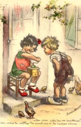 Postikortti, Kitsch, kaksi lasta kahvimyllyllä, tyttö ja poika