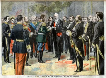 Kultaisen taljan luovuttaminen tasavallan presidentille Felix Faurelle.