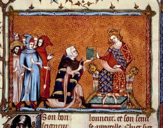 Kirjan esittely: Jean de Joinville (1224-1317) tarjoaa kirjansa Ludvig Navarran kuninkaalle tulevalle Ludvig X hutiinille. Miniatyyri "" Vie de Saint Louisissa""