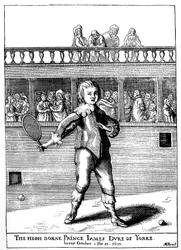 Prinssi James, Yorkin herttua (1633-1701) pelasi palmupeliä, hän palasi myöhemmin Englannin James II:na (James II Stuart) - Joseph Strutin teoksessa "Englannin kansan urheilu ja harrastus", toim. 1801