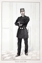 Ylitarkastaja (1894). Etsaus väreillä, havainnollistava "" Rauhanturvaajien joukkojen historia"" -kirja, joka on julkaistu Louis Lepinen (1846-1933) Seinen poliisin prefektin suojeluksessa, Alfred Rey (1864-?) ja Louis Feron (1862). -?)