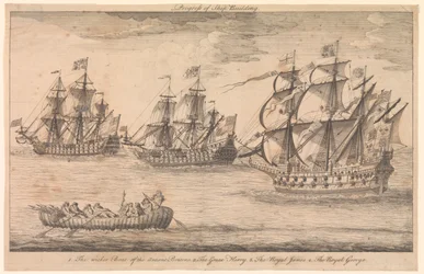Laivanrakennuksen edistyminen. 1. Muinaisten brittien pajuvene 2. Suuri Harry 3. Royal James 4. Royal George