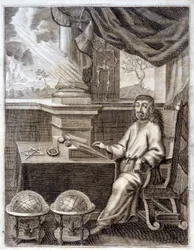 René Descartes (1596 - 1650) toimistossaan tieteellisten laitteiden kanssa. Kaiverrus 1600-luvulta.