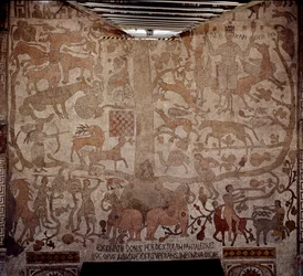 Makedoinan kuninkaan ja Persian valloittajan Aleksanteri Suuren (356-323 eKr.) esitys ympäröi Intian valloituksen aikana Intian eläimistöä oikealla, vasemmalla Diana metsästää peuroja ja painijoita, kristillisiä symboleja. Pantaleonen (tai Pa