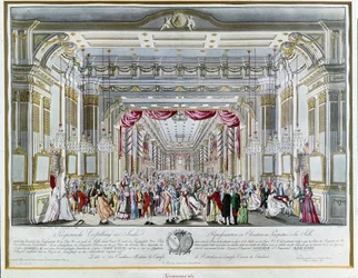 Wolfgang Amadeus Mozartin (1756-1791) teoksen "La clemenza di Tito" (Tituksen lempeys) esitys Itävallan keisari Leopold II:n (1747-1792) Böömin kuninkaaksi kruunaamisen juhlassa vuonna 1791 Prahan Kuninkaallisen kadun teatterissa. Prahan museo