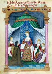 Edustus Portugalin kuningatar Isabellasta Aragonian Isabellasta (1271-1336), jota ympäröivät hänen toverinsa ja Pedro Marcuello, joka tarjoaa hänelle kirjansa. Käsikirjoitussivu otettu Espanjan kuningatar Joan Follen (1479-1555) hartauskokoelmasta.