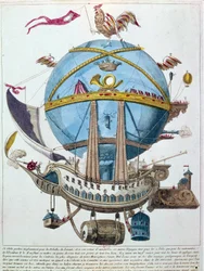 Esitys matkasta ilmapallossa, satiirinen kaiverrus 1700-luvulta.