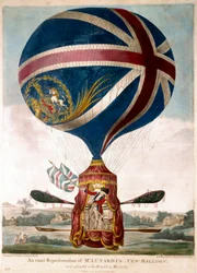 Vincenzo Lunardi esitti uutta ilmapalloa 13.5.1785, hän lensi ensimmäisenä Englannin yli vuonna 1783. Aerostaatin kangas on Union Jackin decoree. Kaiverrus noin 1785. Yksityinen kokoelma