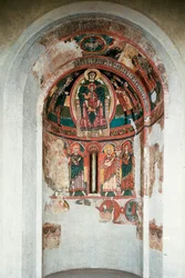 Kolmen tietäjän ympäröimä Neitsyt Maria ja Jeesus-lapsi. Fresko Taüllin Santa Maria -kirkon keskusapsiksesta. Noin 1123. Barcelona. Katalonian kansallinen taidemuseo