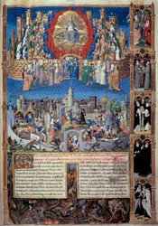 Jumalan kaupungin (taivaallisen) ja ihmisten kaupungin (maallisen) esitys. Miniatyyri Pyhän Augustinus Hippolaisen (354-430) teoksesta "De civitate Dei" ("Jumalan valtio"), jonka Raoul de Presles käänsi noin vuonna 1480. Mâconin kaupunginkirjasto