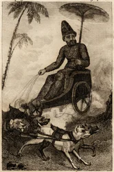 Robinson Crusoe vaunuillaan harjoittelemassa kuuden koiran toimesta, kaiverrus Daniel Defoen "Les aventures de Robinson Crusoe" -kirjaan