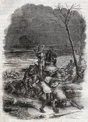 Roland murhaa Cymosquen ihmisiä - kaiverrus vuodelta 1851 kirjasta "" Furious Roland""