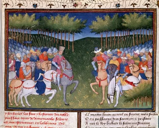 Ogier, tanskalainen Roman: kahden miniratsumiehen välinen taistelu "Bertrand du Guesclinin kronikasta" (Ms 490) 1405 Musee Conde, Chantilly