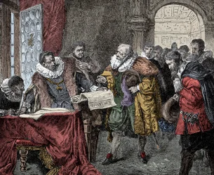 Rudolf II myöntää Majesteetin kirjeen - Itävallan keisari Rodolf II (1552-1612) myöntää majesteetinkirjeen vuonna 1609 (uskonnollinen vapaus Böömin kuningaskunnalle)