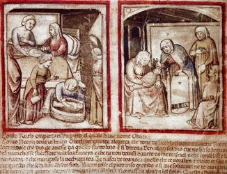 Ruth synnyttää Obedin (Obeth), Boaasin (Boaz) pojan pienoismalli Codex 212:sta (tai Padovan Codexista tai Padovan Raamatusta) 1390-1400 Rovigo, Accademia dei Concordi